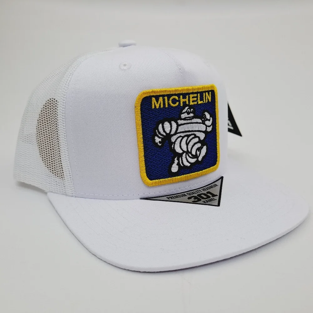Michelin Man Embroidered Patch Flat Bill Trucker Mesh Snapback Cap Hat White